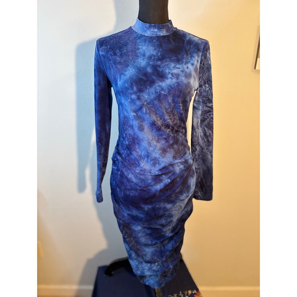 Full Length Long-Sleeve, High-Neck, Tie-Dye Ruched Bodycon Dress Sz L